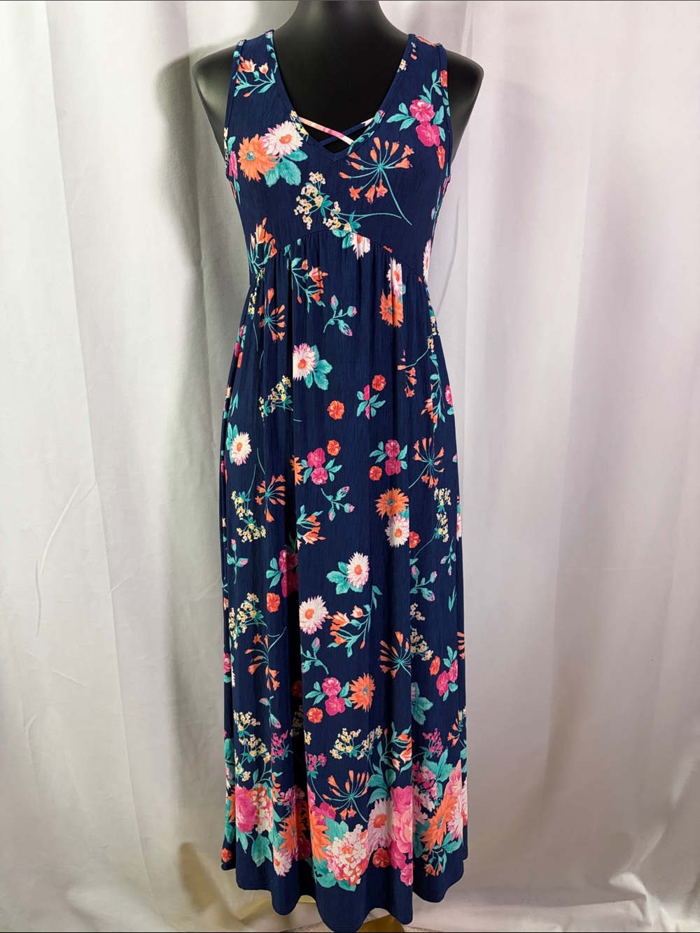 Emerald Navy Blue Multicolor Floral Print Sleeveless V-Neck Midi Dress